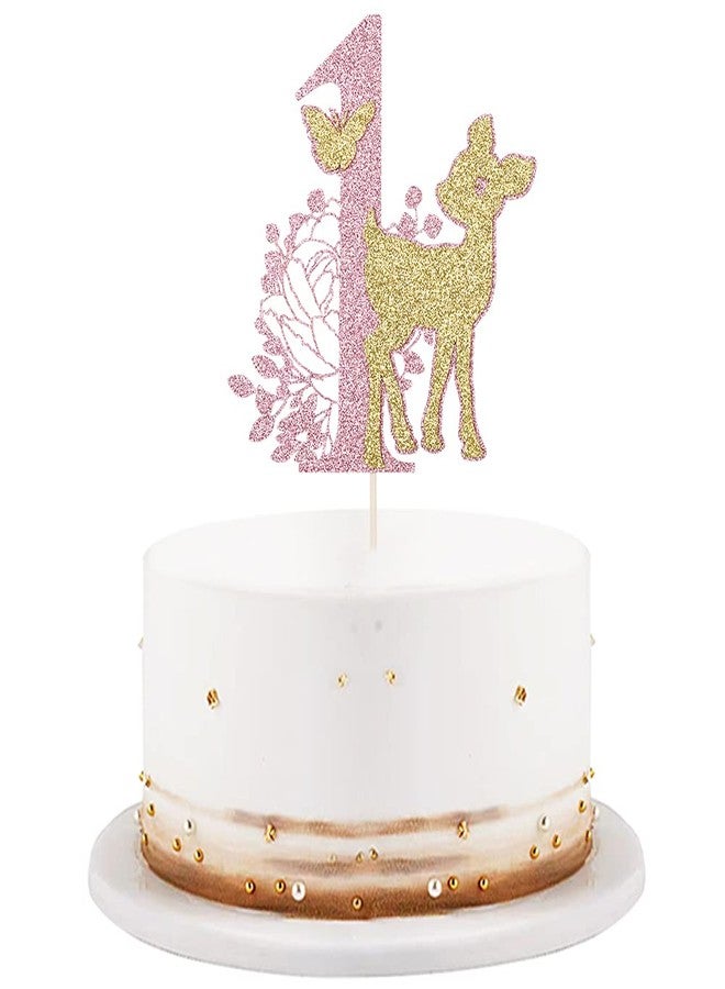 LVEUD Small Deer 1st Birthday Cake Topper - Deer, Butterfly, Pink & Gold - Image 1