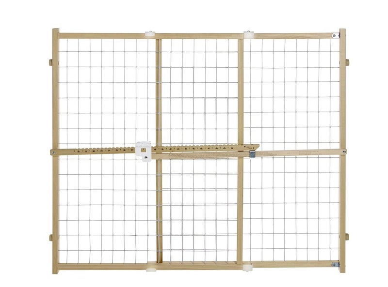 Toddleroo by North States Toddleroo by North States Quick Fit Wire Mesh Wooden Baby Gate 295 50 Wide Pressure Mounted Baby Gate for Doorway Tension Lever For Quick Custom Fit 31 Tall Sustainable Hardwood
