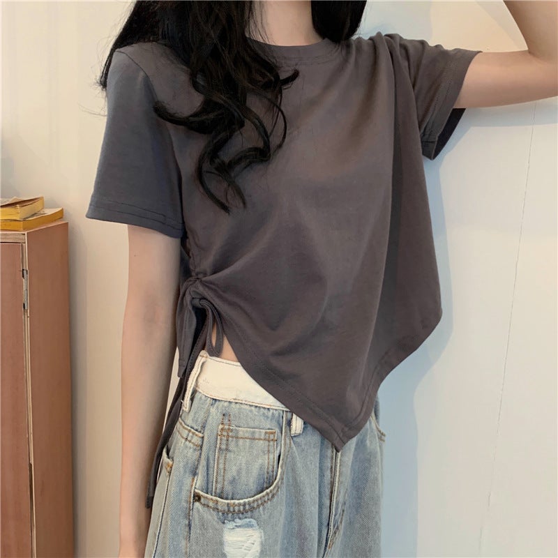 New Irregular Drawstring Short Short-Sleeved T-Shirt Women'S Summer Korean-Style All-Match Girl Top With Slim Design - Image 1