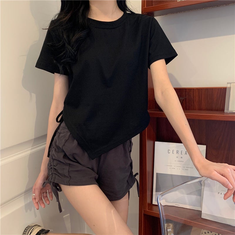 New Irregular Drawstring Short Short-Sleeved T-Shirt Women'S Summer Korean-Style All-Match Girl Top With Slim Design - Image 5