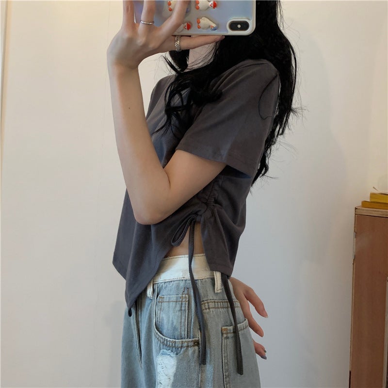 New Irregular Drawstring Short Short-Sleeved T-Shirt Women'S Summer Korean-Style All-Match Girl Top With Slim Design - Image 3
