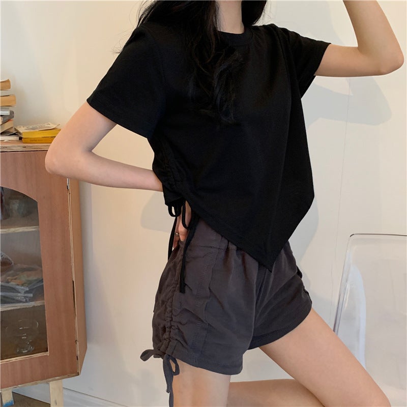New Irregular Drawstring Short Short-Sleeved T-Shirt Women'S Summer Korean-Style All-Match Girl Top With Slim Design - Image 4