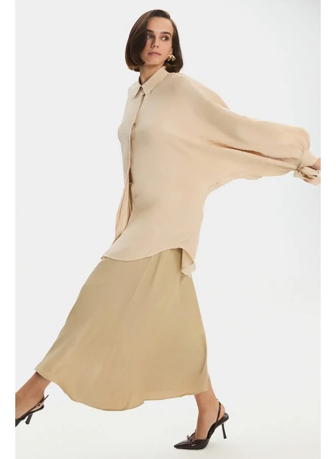 JUNE June Women Oversize/Loose Fit Viscose Blend Sleeves Tie Detail Self-Fited Shirt Beige