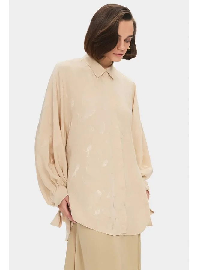 JUNE June Women Oversize/Loose Fit Viscose Blend Sleeves Tie Detail Self-Fited Shirt Beige