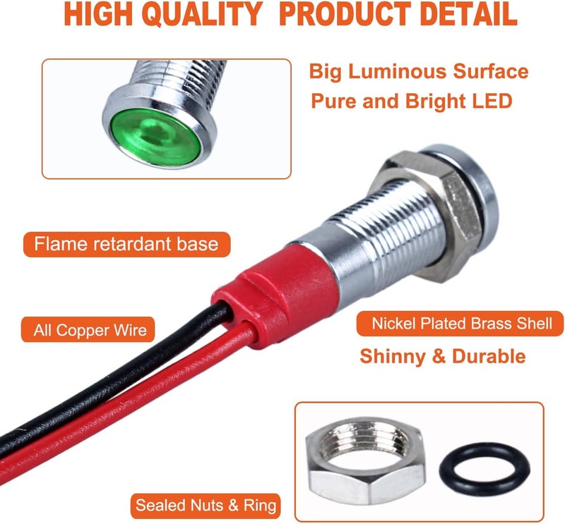 DMWD 10Pcs 6mm (1/4") Energy Saving LED Indicator Light 12V-24V 20mA Metal Waterproof Wide Flat Head Signal Lamp Pilot Dash Directional with Wire （Green LED） All choice modern design - Image 3