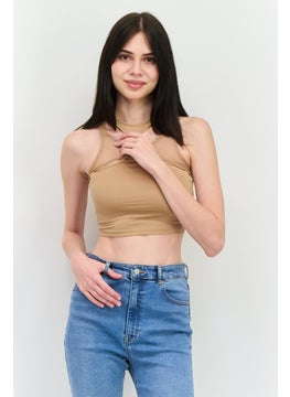 Bershka Women Crew Neck Sleeveless Plain Tank Tops, Tan  - Image 1