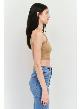 Bershka Women Crew Neck Sleeveless Plain Tank Tops, Tan  - Image 2