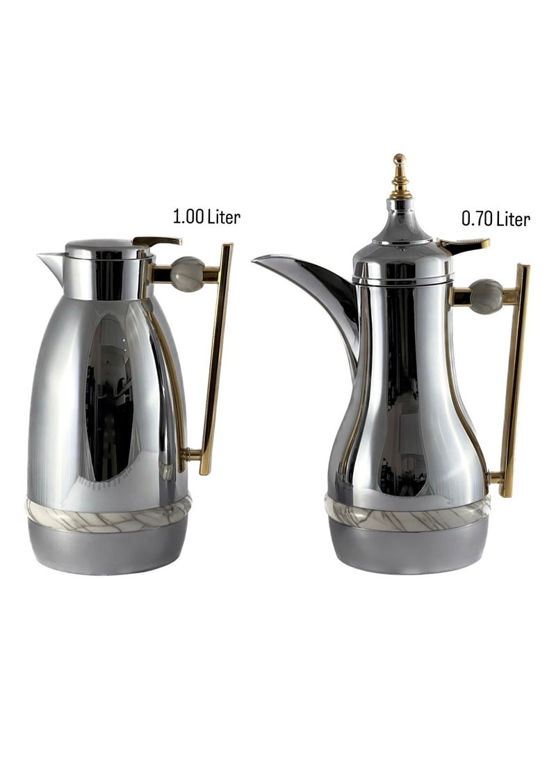 Homemaker 2-Piece Tea & Coffee Flask - 0.7 Liter & 1 Liter Capacity - Glass Inner - ABS Body - Silver & Gold - Image 1