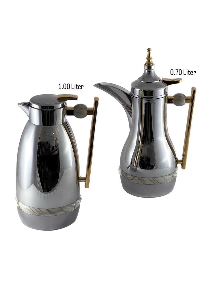Homemaker 2-Piece Tea & Coffee Flask - 0.7 Liter & 1 Liter Capacity - Glass Inner - ABS Body - Silver & Gold - Image 2
