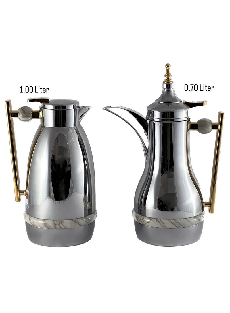 Homemaker 2-Piece Tea & Coffee Flask - 0.7 Liter & 1 Liter Capacity - Glass Inner - ABS Body - Silver & Gold - Image 3