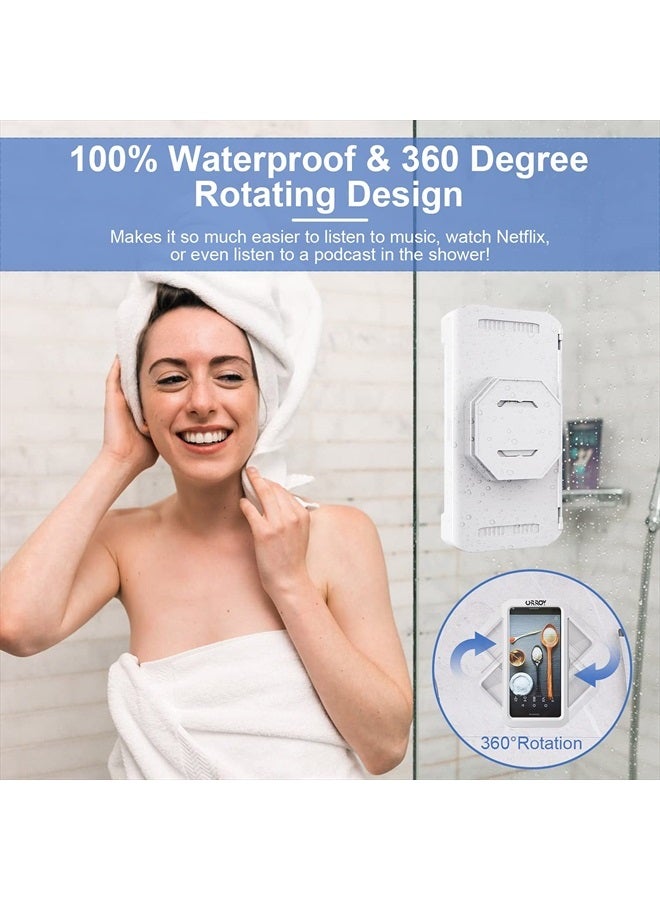 URROY حامل هاتف مقاوم للماء للدش، غلاف هاتف دوار 360 درجة، صندوق تثبيت عالي الحساسية مضاد للضباب لجدار الحمام، مرآة، حوض استحمام، مطبخ، متوافق مع الهواتف المحمولة من 4" إلى 7" - Image 2