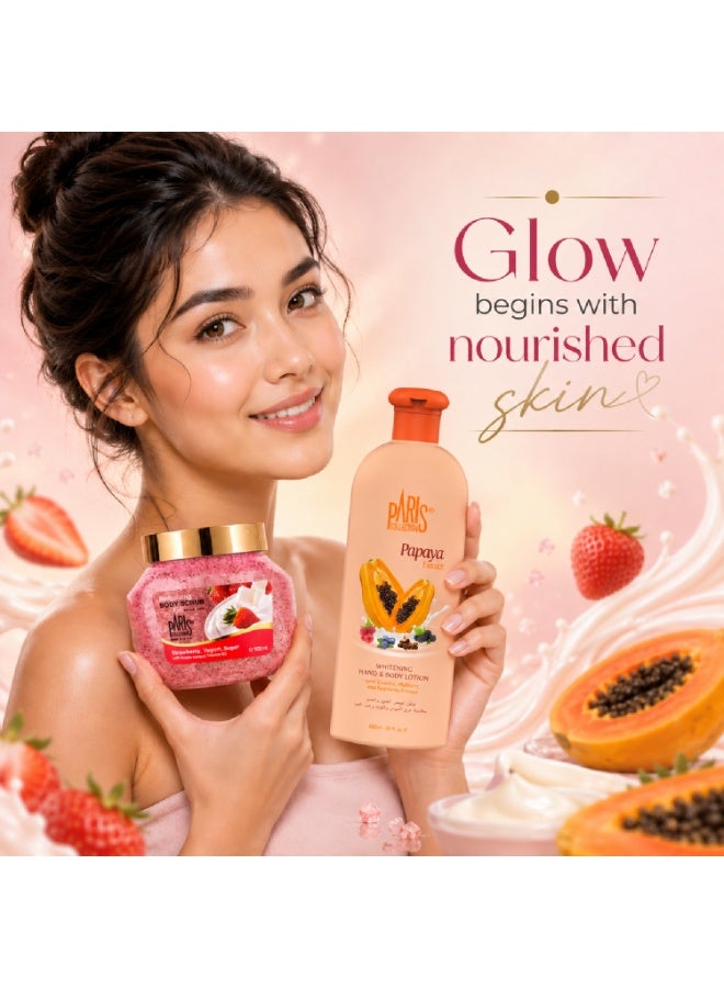 Paris Collection Strawberry Yogurt Sugar Scrub Unisex 500ml & Papaya Hand & Body Lotion Unisex 600ml Bundle - Image 5