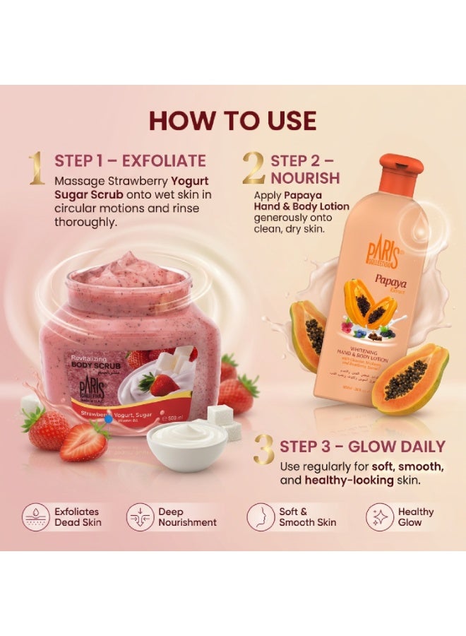 Paris Collection Strawberry Yogurt Sugar Scrub Unisex 500ml & Papaya Hand & Body Lotion Unisex 600ml Bundle - Image 4