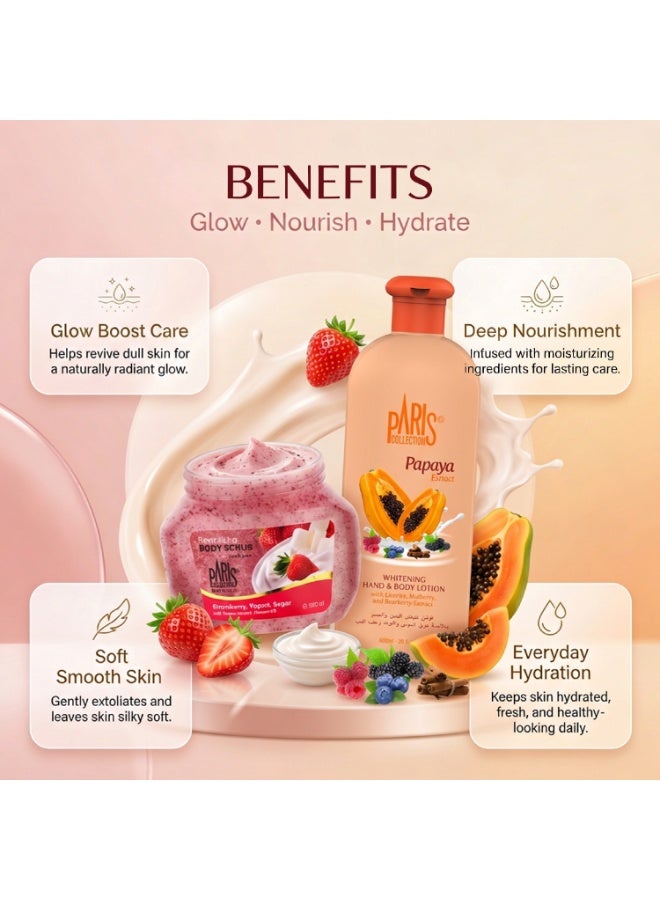Paris Collection Strawberry Yogurt Sugar Scrub Unisex 500ml & Papaya Hand & Body Lotion Unisex 600ml Bundle - Image 3