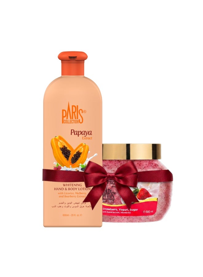 Paris Collection Strawberry Yogurt Sugar Scrub Unisex 500ml & Papaya Hand & Body Lotion Unisex 600ml Bundle - Image 1