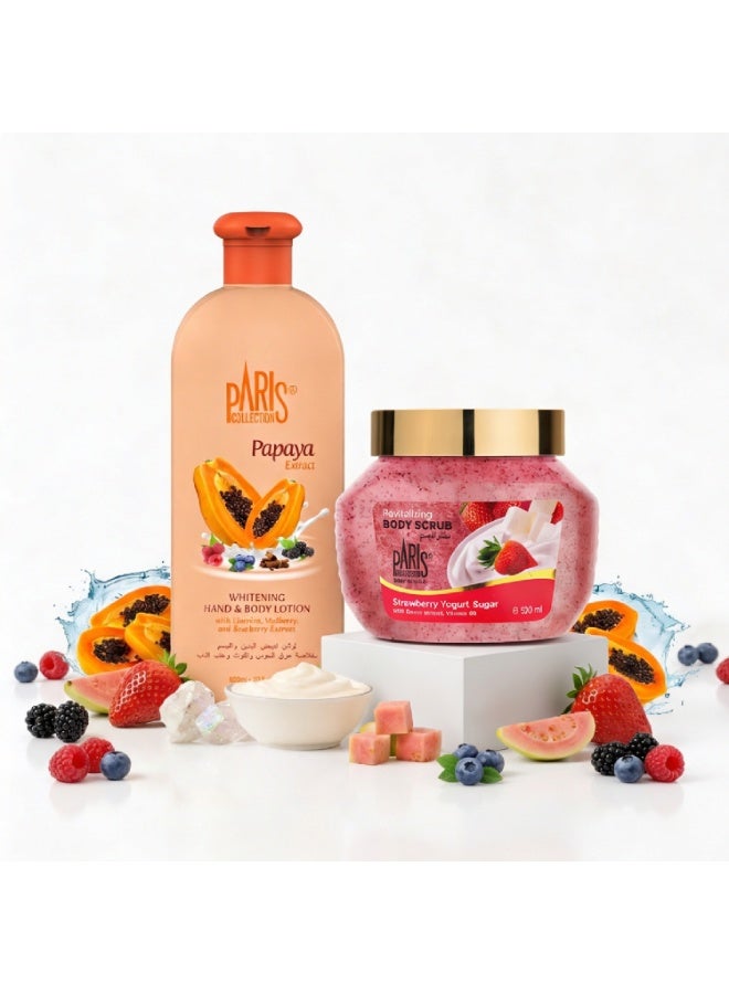 Paris Collection Strawberry Yogurt Sugar Scrub Unisex 500ml & Papaya Hand & Body Lotion Unisex 600ml Bundle - Image 2