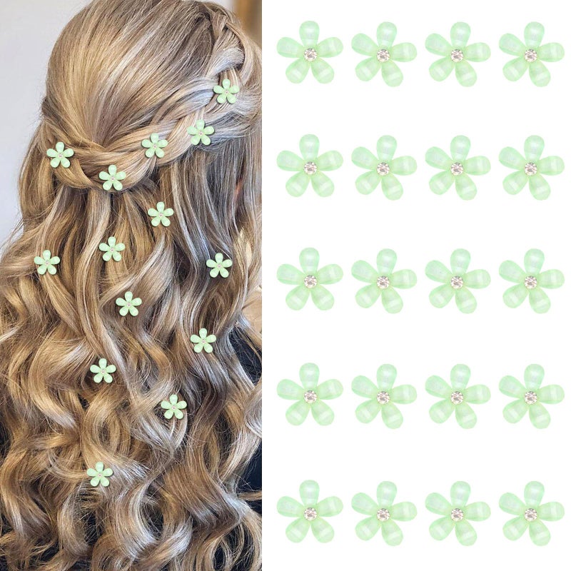 YISSION Mini Green Flower Hair Accessories with Rhinestone Cute Hair Pins, Wedding Bridal Decorative Barrettes for Girls Women - Image 1
