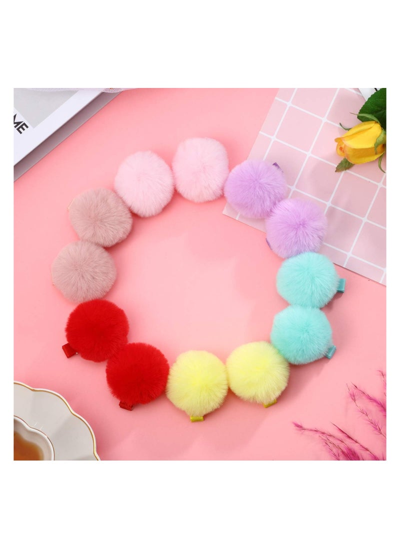 STAR BEJA 12 Pieces Ball Pompom Hair Clips Tie Colorful Fluffy Ball Fur Barrettes for Toddlers Baby Girl