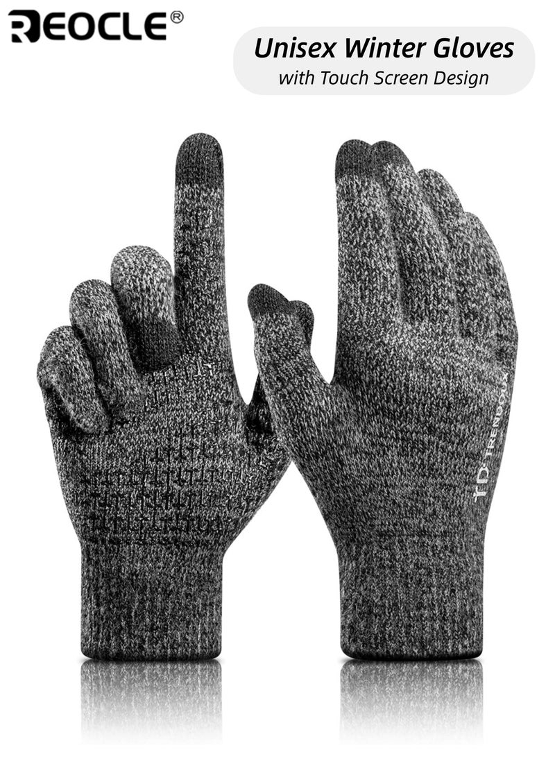 REOCLE Unisex Knitted Touchscreen Gloves Warm Winter Gloves with Anti-Slip Design & Elastic Cuff Thermal Gloves for Winter Outdoor Activities - Image 1