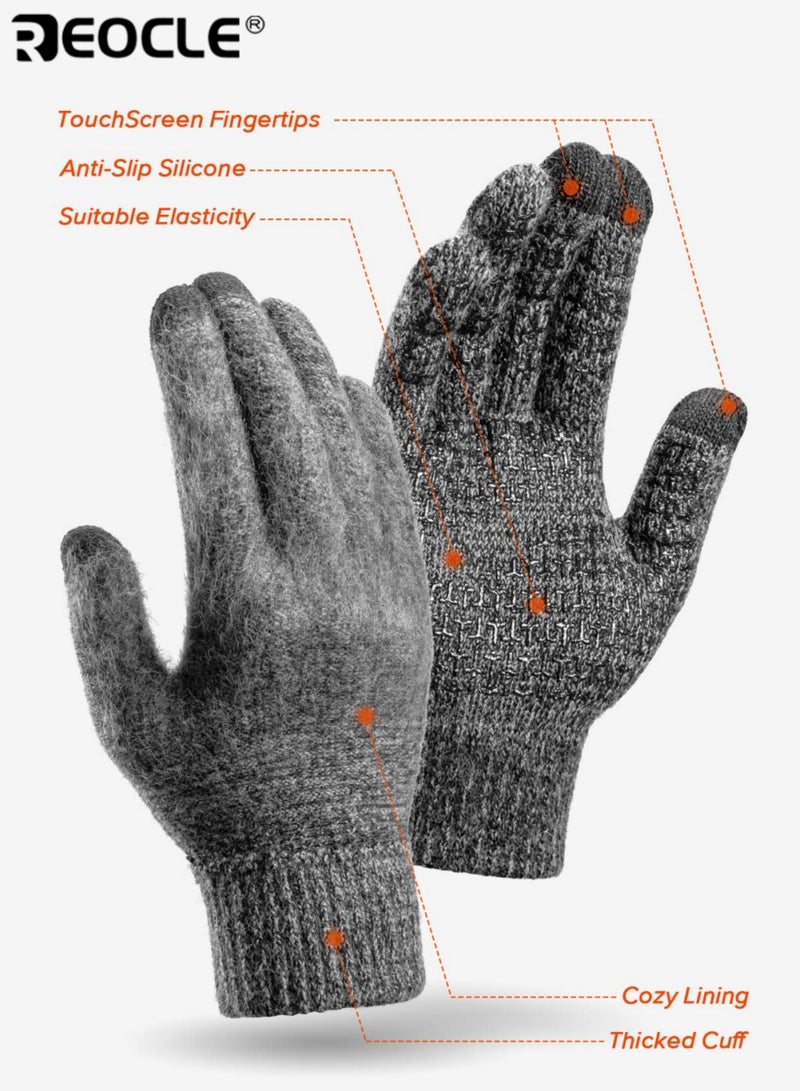 REOCLE Unisex Knitted Touchscreen Gloves Warm Winter Gloves with Anti-Slip Design & Elastic Cuff Thermal Gloves for Winter Outdoor Activities - Image 2