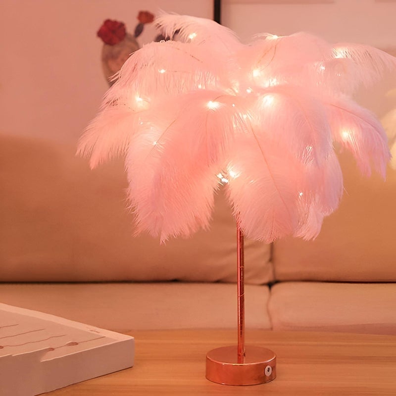 Feather Night Lamp - Elegant Worm Design, LED Bedside Light for Girls' Room Decor, Wedding Parties, Chic Lighting, Available in White & Pink, Plastic Base