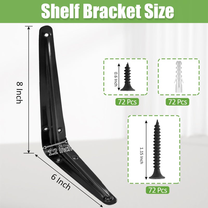 Phituoda 24 Pack Shelf Brackets 8 X 6 Inch, Heavy Duty Black Metal Floating Shelf Bracket, L Bracket Corner Brace Support J Bracket, Decorative Joint Angle Bracket For Hanging - Image 3
