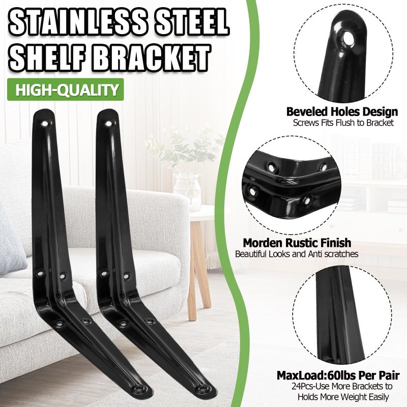 Phituoda 24 Pack Shelf Brackets 8 X 6 Inch, Heavy Duty Black Metal Floating Shelf Bracket, L Bracket Corner Brace Support J Bracket, Decorative Joint Angle Bracket For Hanging - Image 4