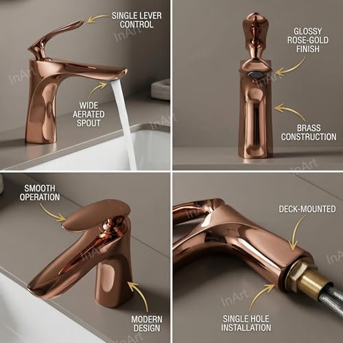 InArt Single Lever Basin Mixer - Rose Gold | Deck Mount | Plated Finish | Brass Material | Colour (Rose Gold) - Image 3
