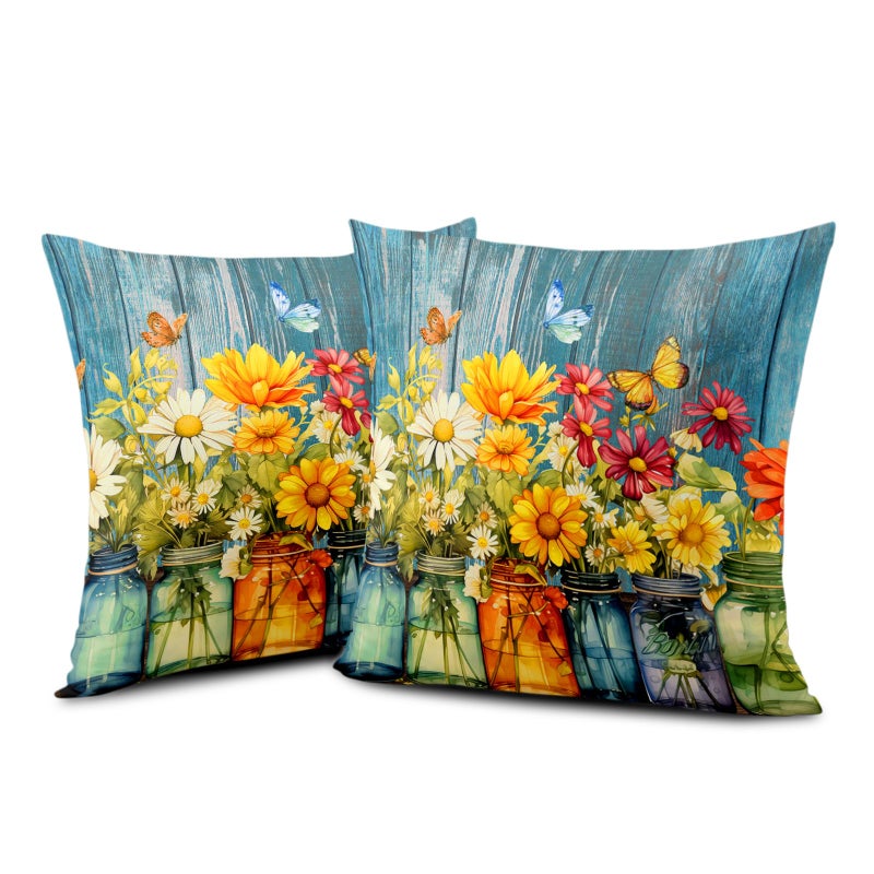 Wnoesat Daisy Vase Pillow Covers 18x18 Set of 2 Rustic Floral Sunflower Wood Board Decorative Throw Pillow Cases Spring Summer Vintage Flowers Outdoor Pillowcase for Farmhouse Couch Sofa Decor - Image 2