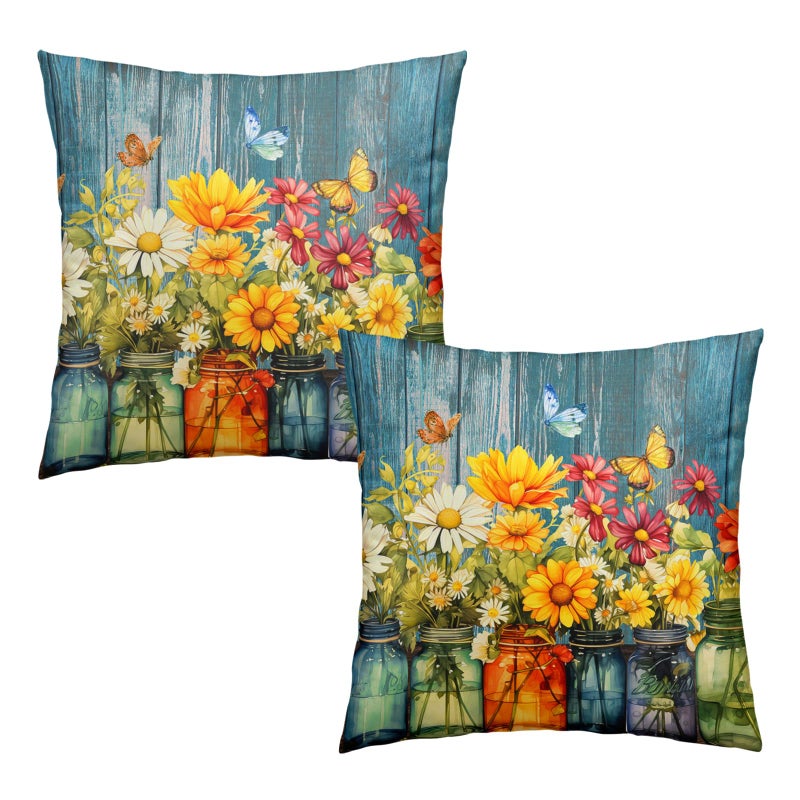 Wnoesat Daisy Vase Pillow Covers 18x18 Set of 2 Rustic Floral Sunflower Wood Board Decorative Throw Pillow Cases Spring Summer Vintage Flowers Outdoor Pillowcase for Farmhouse Couch Sofa Decor - Image 1