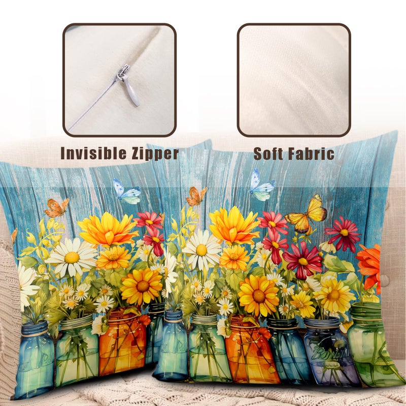 Wnoesat Daisy Vase Pillow Covers 18x18 Set of 2 Rustic Floral Sunflower Wood Board Decorative Throw Pillow Cases Spring Summer Vintage Flowers Outdoor Pillowcase for Farmhouse Couch Sofa Decor - Image 5