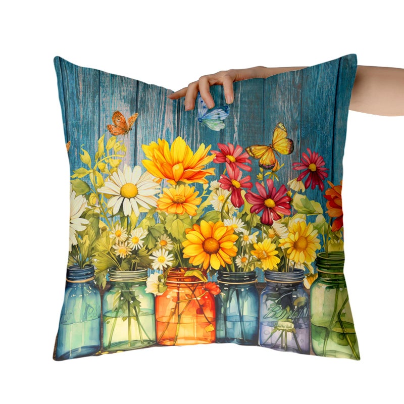 Wnoesat Daisy Vase Pillow Covers 18x18 Set of 2 Rustic Floral Sunflower Wood Board Decorative Throw Pillow Cases Spring Summer Vintage Flowers Outdoor Pillowcase for Farmhouse Couch Sofa Decor - Image 3