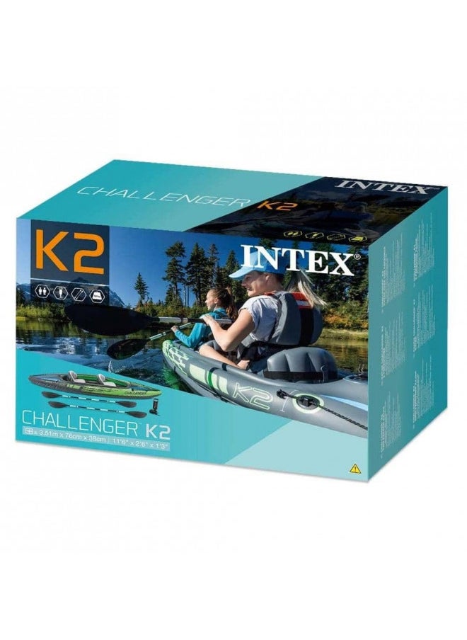 INTEX - INTEX 68306EP Challenger K2 Inflatable Kayak Set: Includes Deluxe 86in Aluminum Oars and High-Output Pump Adjustable Seat with Backrest Removable Skeg 2-Person 400lb Weight Capacity - Image 1