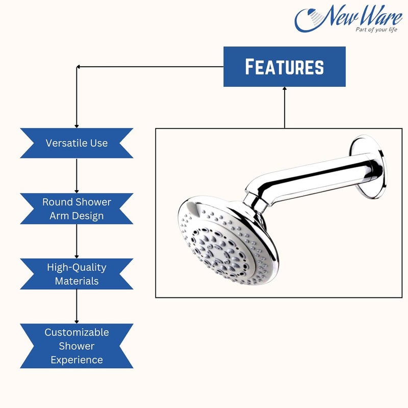 NEW WARE طقم دش علوي فاخر NEW WARE مع 6 خيارات تدفق مختلفة وذراع دش دائري نحاسي بقطر 7 بوصات بتشطيب كروم للحمام - Image 3
