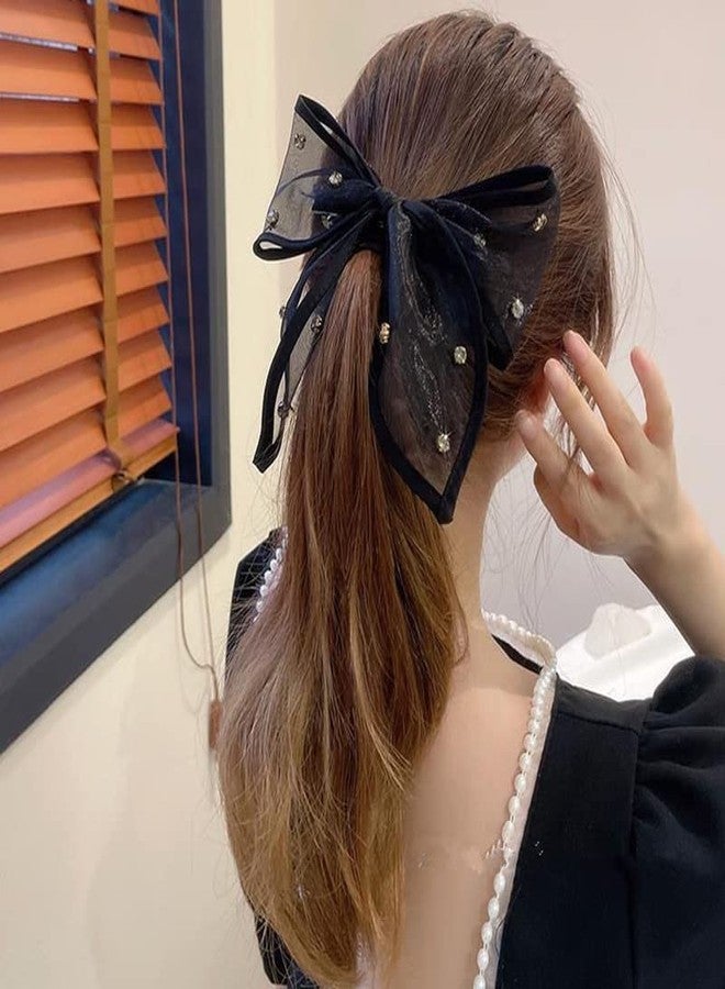 TUCEWP Black Bow Hair Clips for Women Girls Rhinestone Ribbon Bowknot Spring Hair Clips for Long Thick Hair French Tulle Bow Ponytail Holder Nonslip Metal Hair Barrette Snap Hairpins Hair Accessories - Image 3