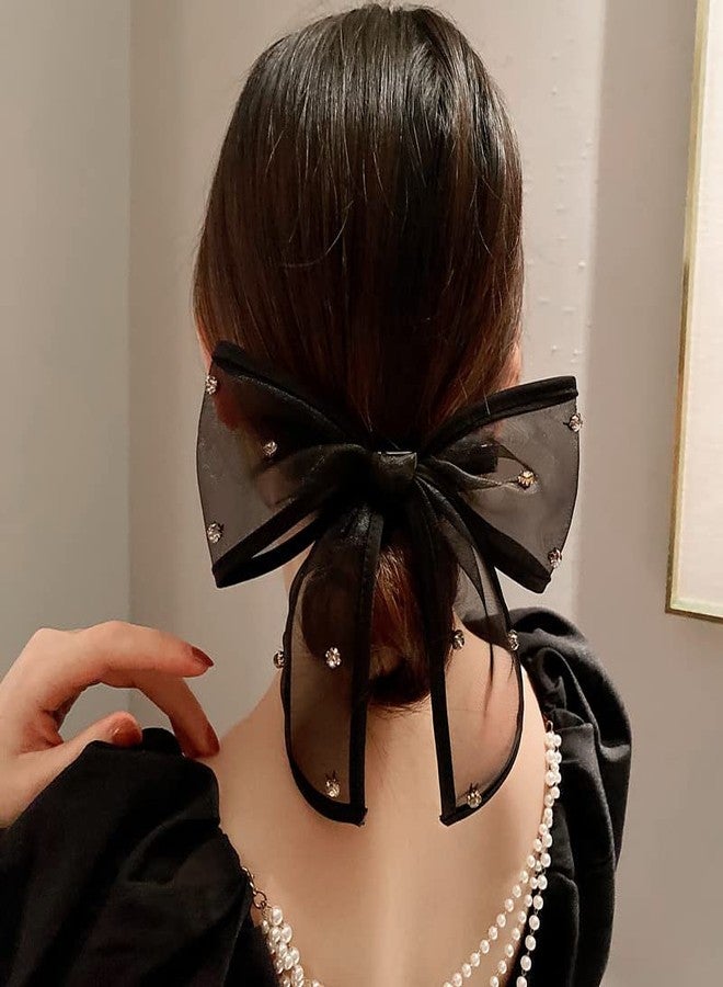 TUCEWP Black Bow Hair Clips for Women Girls Rhinestone Ribbon Bowknot Spring Hair Clips for Long Thick Hair French Tulle Bow Ponytail Holder Nonslip Metal Hair Barrette Snap Hairpins Hair Accessories - Image 2