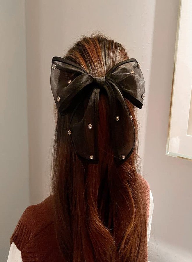 TUCEWP Black Bow Hair Clips for Women Girls Rhinestone Ribbon Bowknot Spring Hair Clips for Long Thick Hair French Tulle Bow Ponytail Holder Nonslip Metal Hair Barrette Snap Hairpins Hair Accessories - Image 4