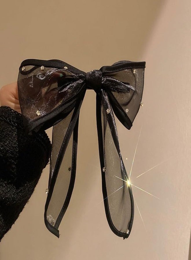 TUCEWP Black Bow Hair Clips for Women Girls Rhinestone Ribbon Bowknot Spring Hair Clips for Long Thick Hair French Tulle Bow Ponytail Holder Nonslip Metal Hair Barrette Snap Hairpins Hair Accessories - Image 5