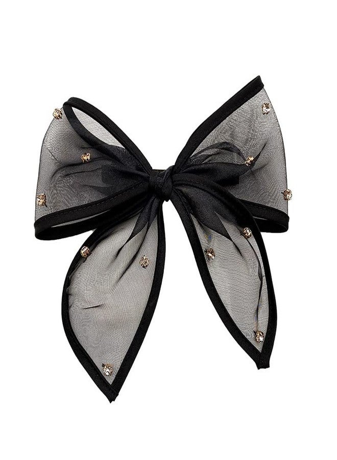 TUCEWP Black Bow Hair Clips for Women Girls Rhinestone Ribbon Bowknot Spring Hair Clips for Long Thick Hair French Tulle Bow Ponytail Holder Nonslip Metal Hair Barrette Snap Hairpins Hair Accessories - Image 1