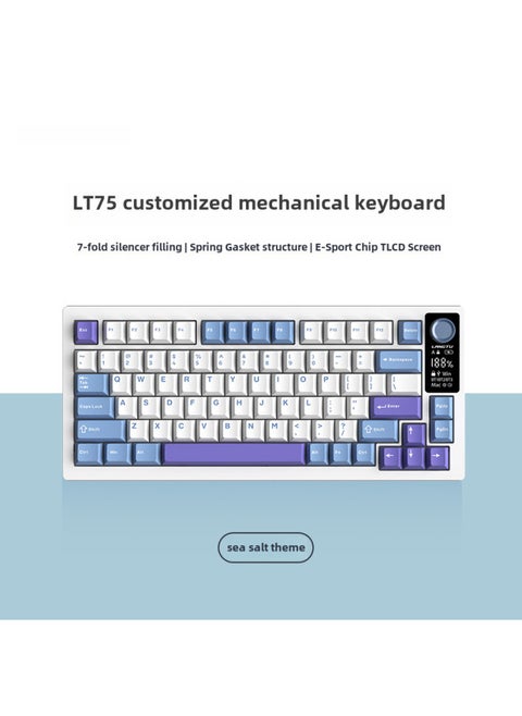 Langtu LT75 لوحة مفاتيح لاسلكية بلوتوث اتصال ثلاثي الأوضاع مخصص للمكتب عالي القيمة للألعاب الرياضية الإلكترونية لوحة مفاتيح ميكانيكية - اللون: LT75 ملح البحر الفضي اليشم [اتصال ثلاثي الأوضاع] شاشة LCD ضوء RGB