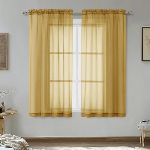 OVZME Gold Sheer Curtains 54 Inches Long 2 Panels - Soft Light Filtering Window Sheer Panels for Living Room/Bedroom, Top Dual Rod Pocket, 1 Pair, Each 42Wx54L Inches - Image 1