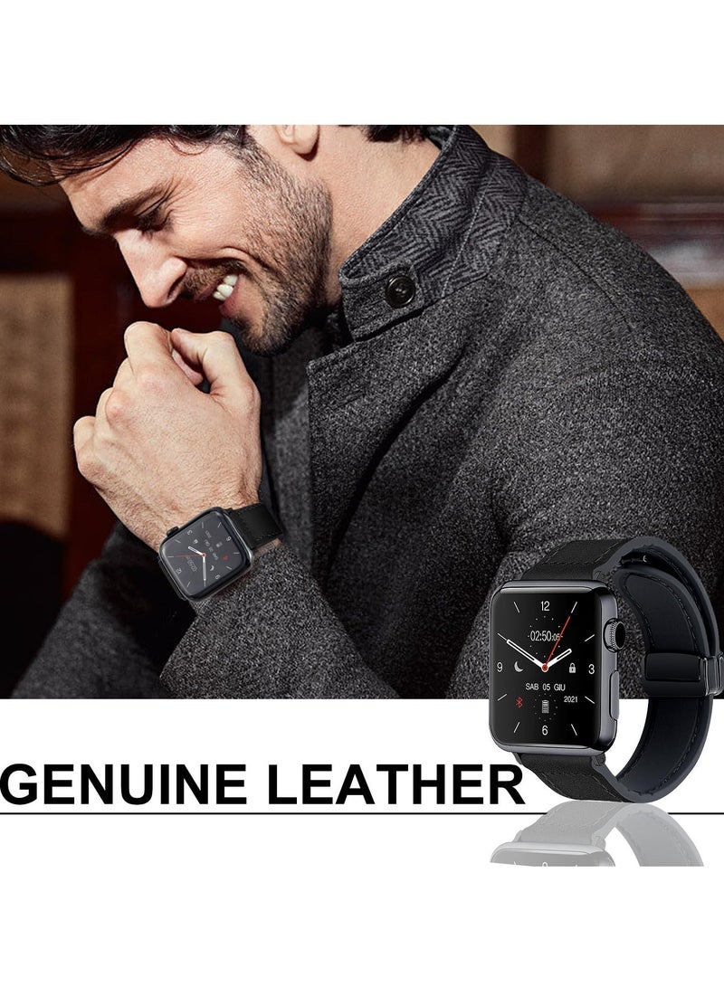 Magnetic Leather Watch Band for Apple Watch, Compatible with 49mm 45mm 44mm 42mm, Genuine Leather Strap with Magnetic Buckle, Fits for Apple Watch Ultra 9 8 7 Series, Black - Image 2