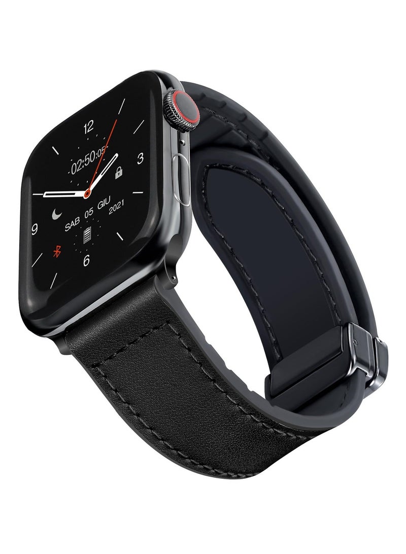 Magnetic Leather Watch Band for Apple Watch, Compatible with 49mm 45mm 44mm 42mm, Genuine Leather Strap with Magnetic Buckle, Fits for Apple Watch Ultra 9 8 7 Series, Black - Image 1