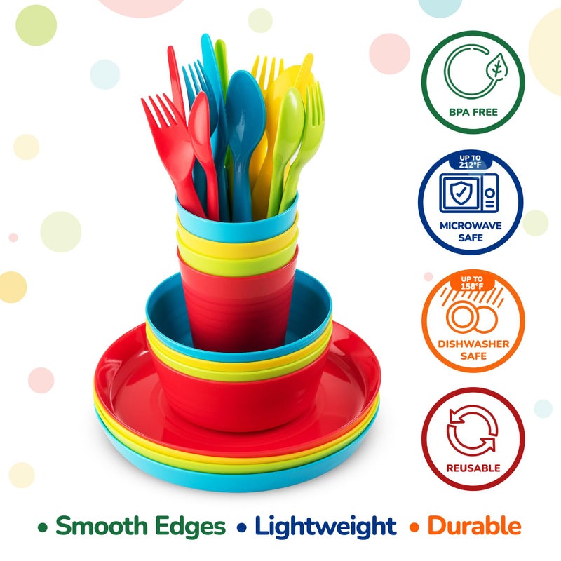 Plaskidy Kids Dinnerware Set for 4-24 Piece Plastic Childrens Dishes Dinnerware Sets Microwave/Dishwasher Safe BPA Free - Toddler Dinner Set Includes Kids Plates and Bowls Kids Cups Flatware Set - Image 3
