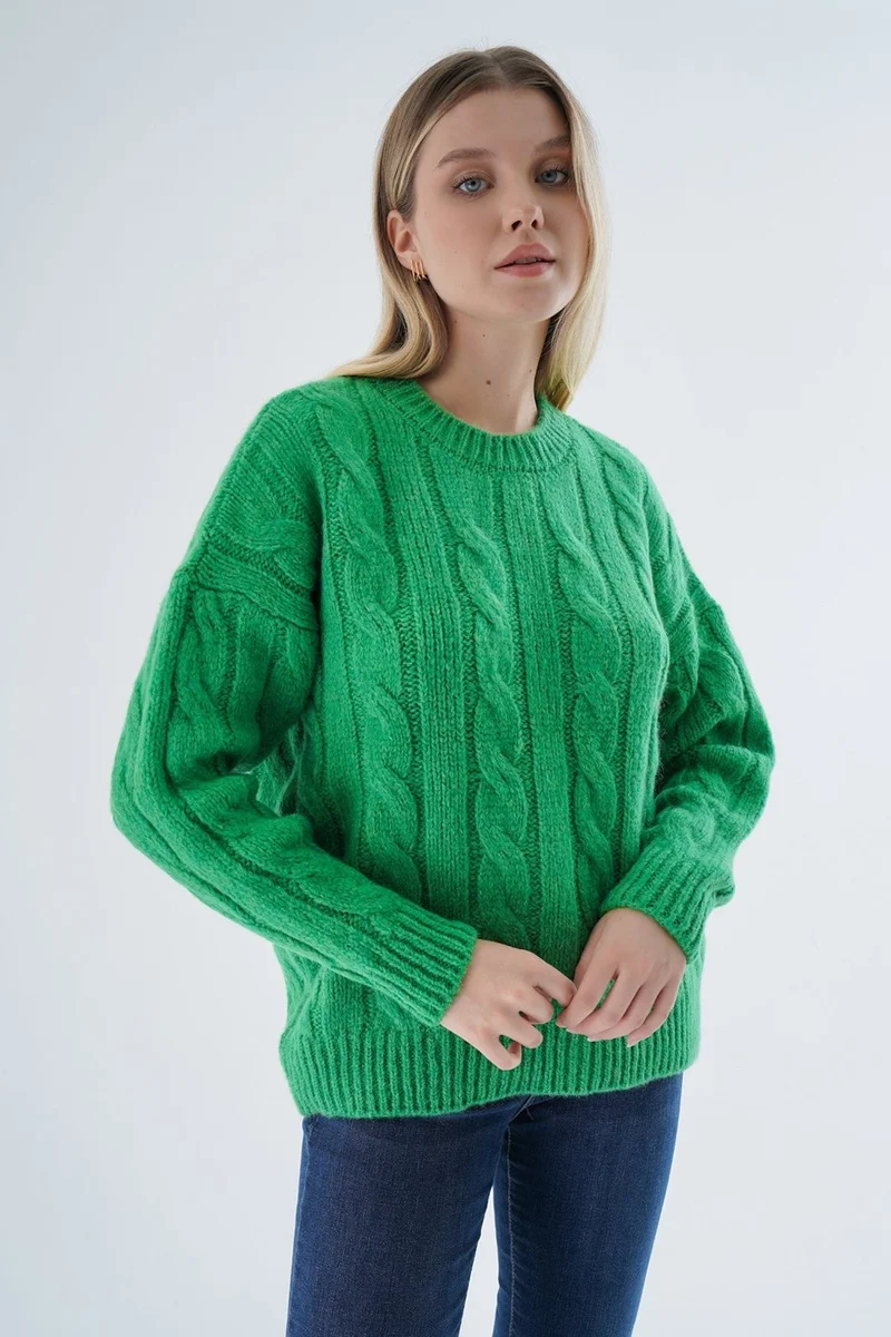 Trist Star Women Green Oversize Crew Neck Hair Knitted Wool Special Yarn Knitwear Sweater TRIST-6167