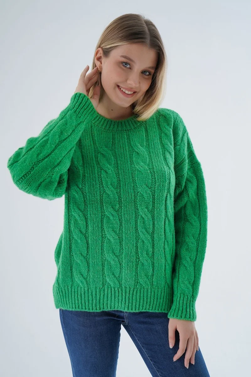 Trist Star Women Green Oversize Crew Neck Hair Knitted Wool Special Yarn Knitwear Sweater TRIST-6167