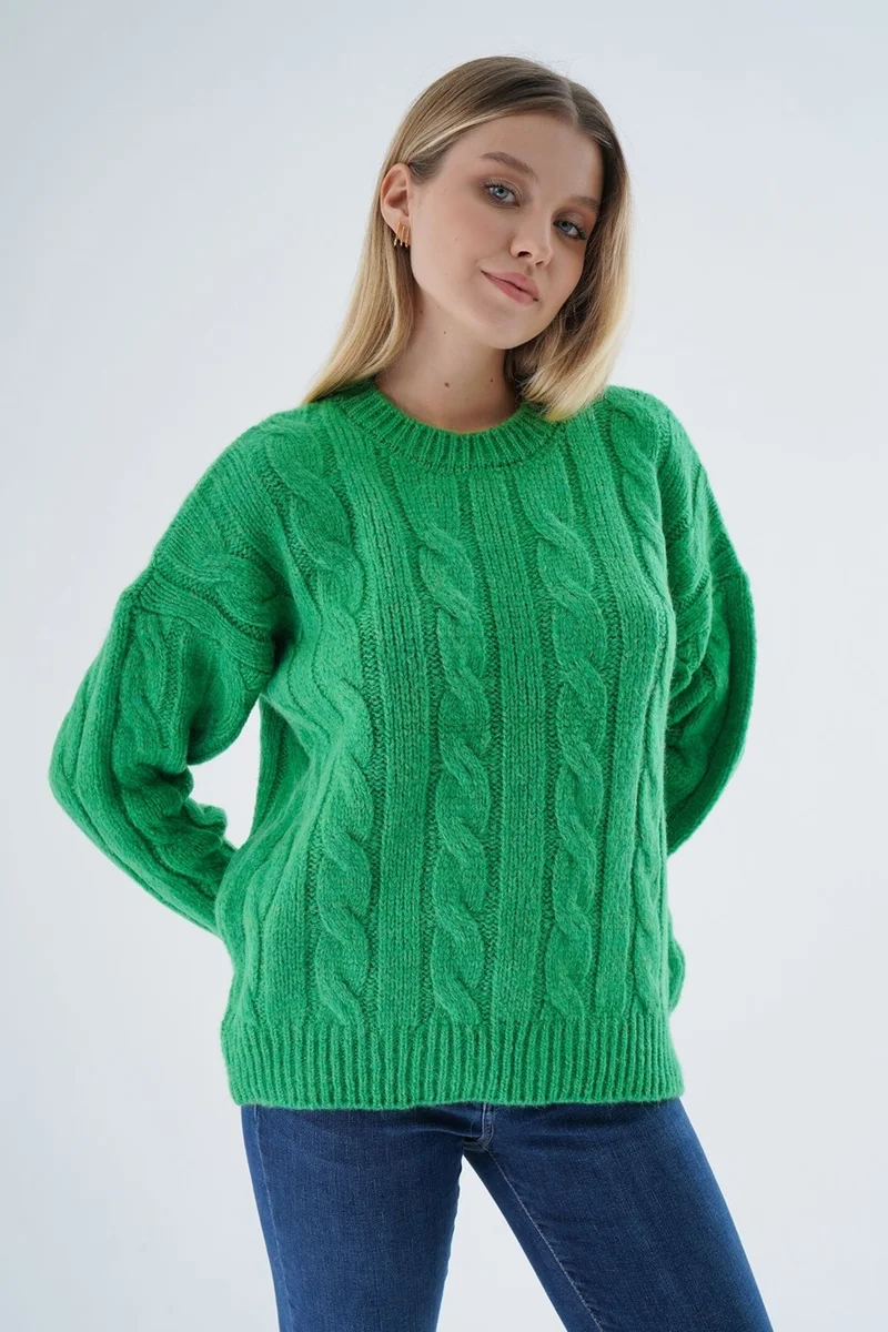 Trist Star Women Green Oversize Crew Neck Hair Knitted Wool Special Yarn Knitwear Sweater TRIST-6167