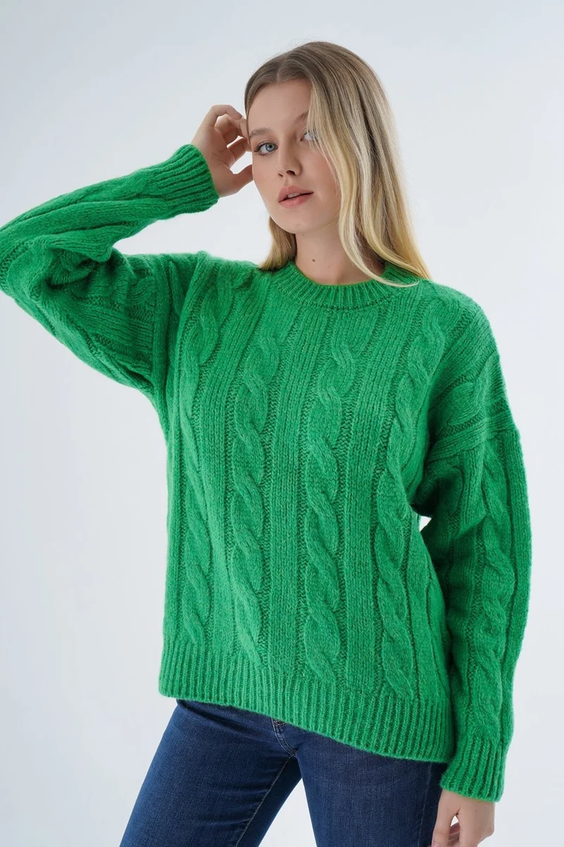 Trist Star Women Green Oversize Crew Neck Hair Knitted Wool Special Yarn Knitwear Sweater TRIST-6167