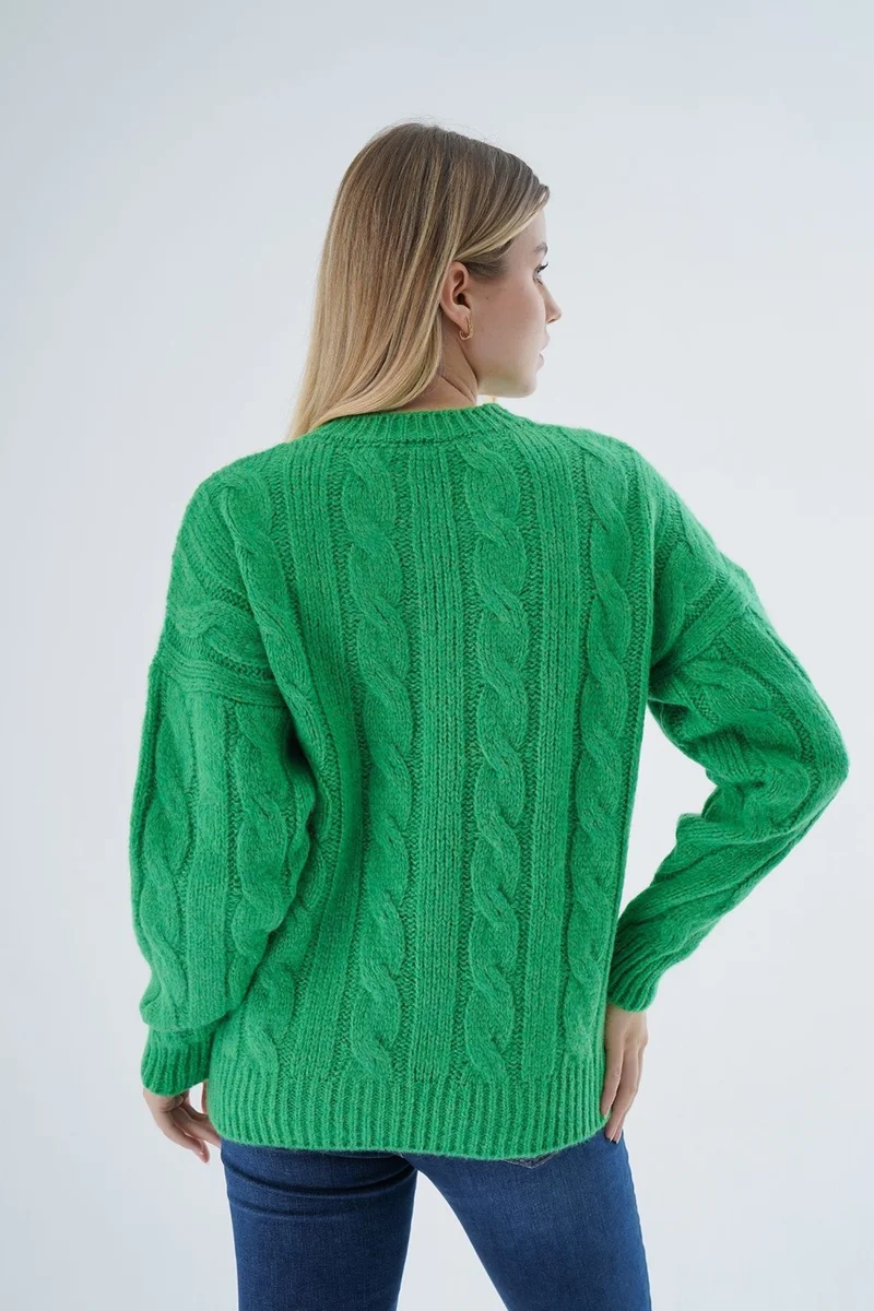Trist Star Women Green Oversize Crew Neck Hair Knitted Wool Special Yarn Knitwear Sweater TRIST-6167
