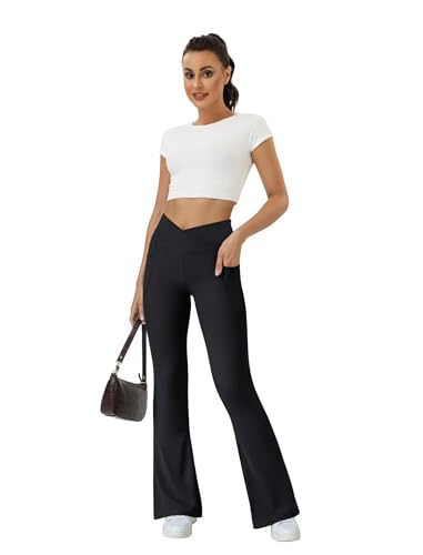 COPYLEAF Women's Flare Yoga Pants with Pockets-V Crossover High Waisted Bootcut Yoga Leggings-Flare Bell Bottom Workout Gym Leggings Black - Image 3